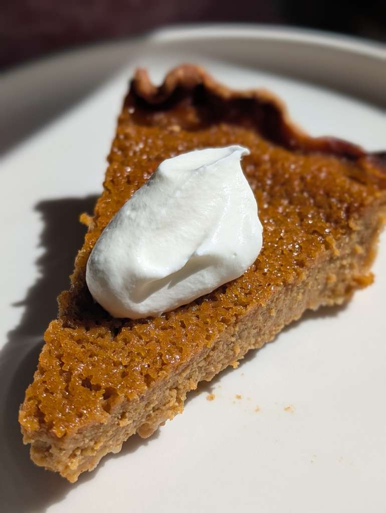 Slice of pumpkin pie with whipped cream from Happy Hippo Bakery